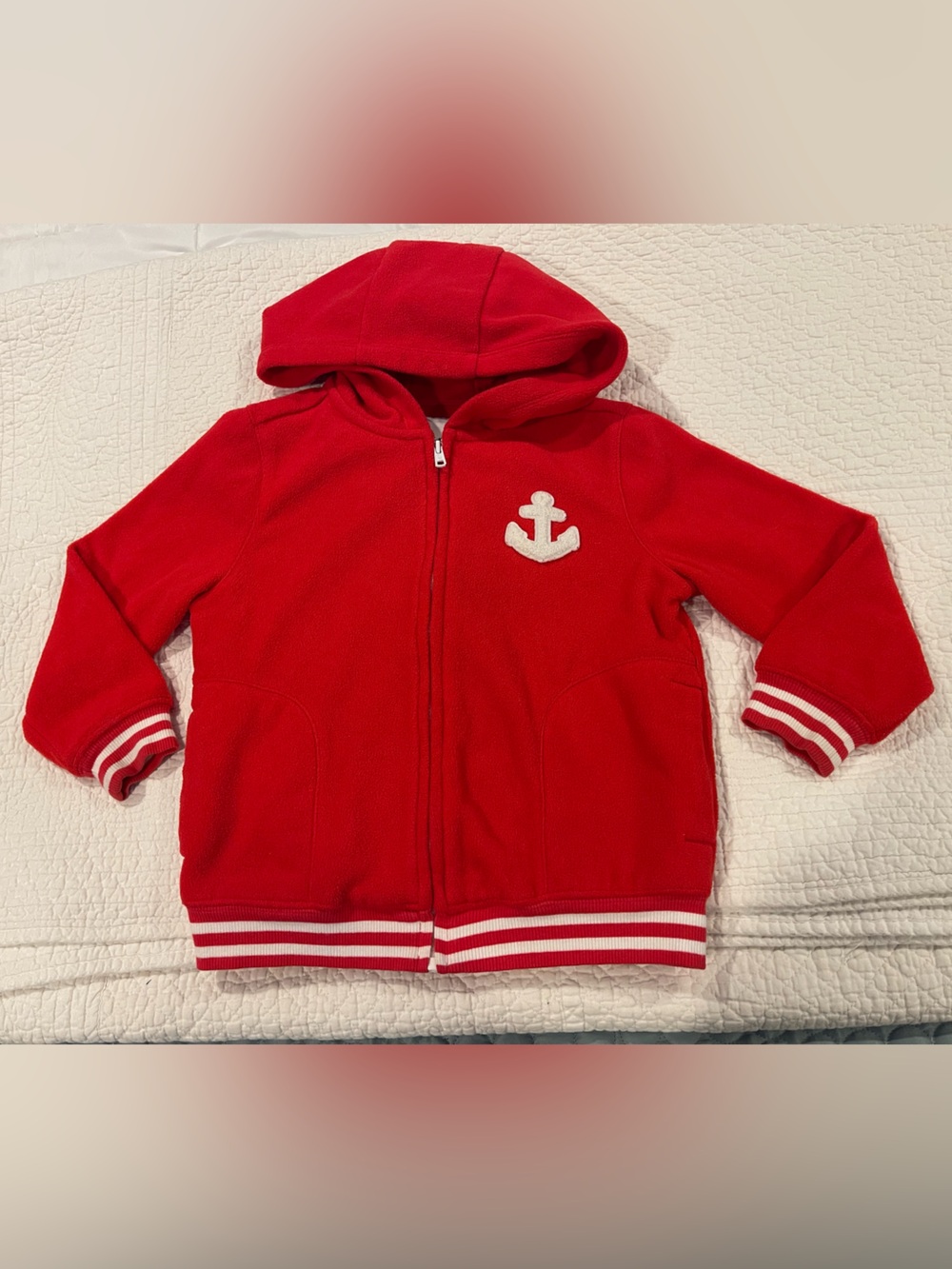Janie and Jack Red Hooded Zip-Up Sweatshirt Anchor Sz 3/4 Nautical Cruise Beach